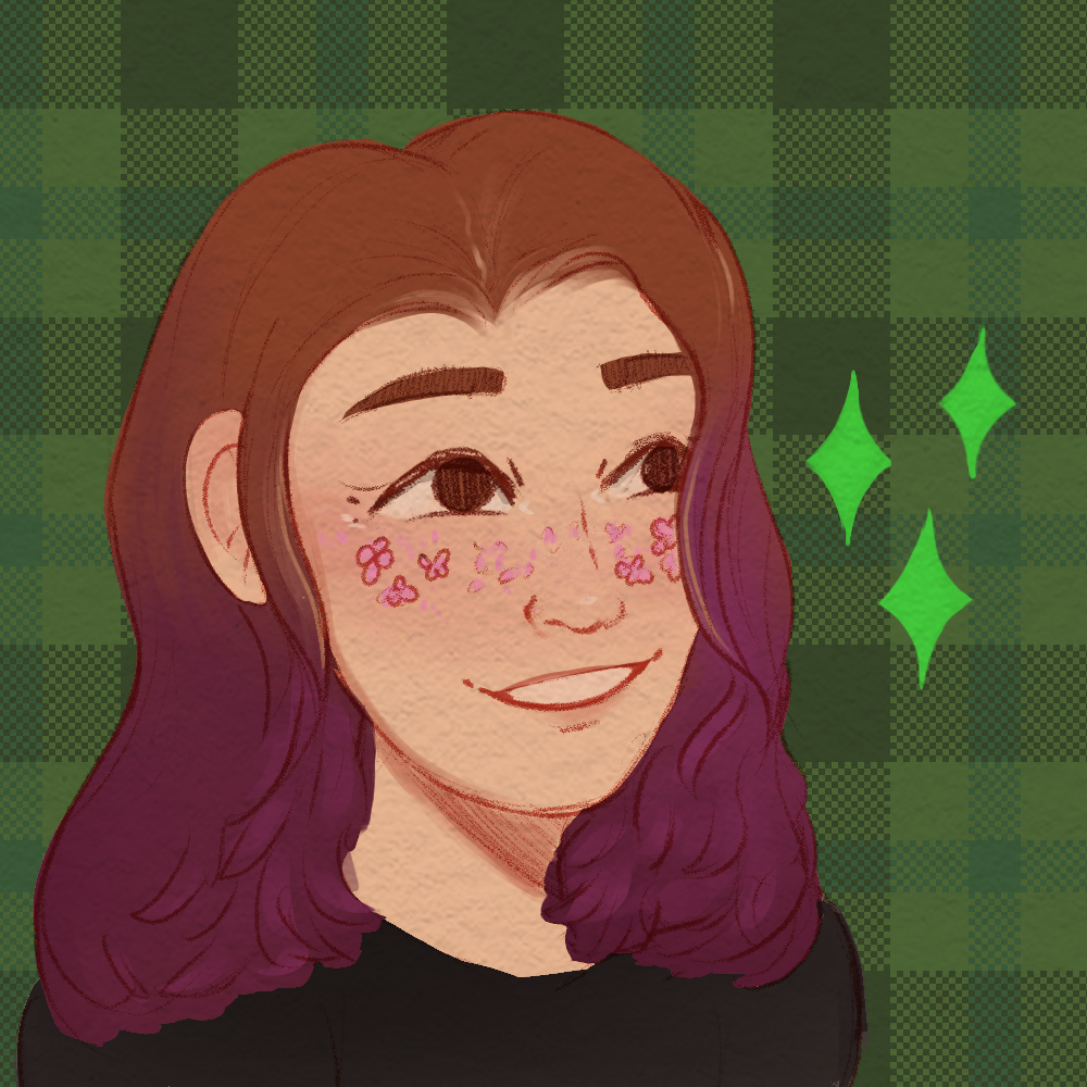 Drawn profile picture containing a girl with purple hair and a green plaid background