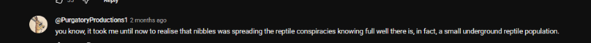 A youtube comment stating 'you know, it took me until now to realise that nibbles was spreading the reptile conspiracies knowing full well there is, in fact, a small underground reptile population'